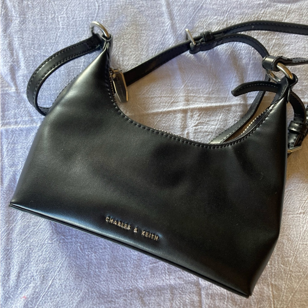 Charles & Keith Black Smooth Leather Shoulder Bag with Silver Accent